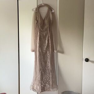 Mon Cheri Gold Bishop Sleeve V-Neck Gown